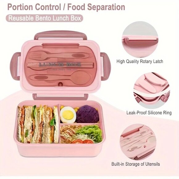 NEW Leak-Proof Bento Lunch Box 40.58 oz with Cutlery Utensils Locking Lid - Picture 3 of 5